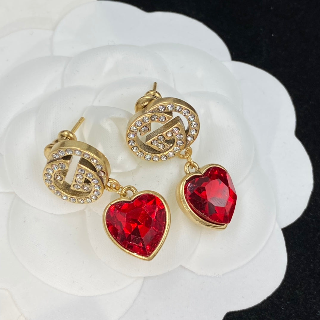 Fashion GG rhinestone heart pendant earrings