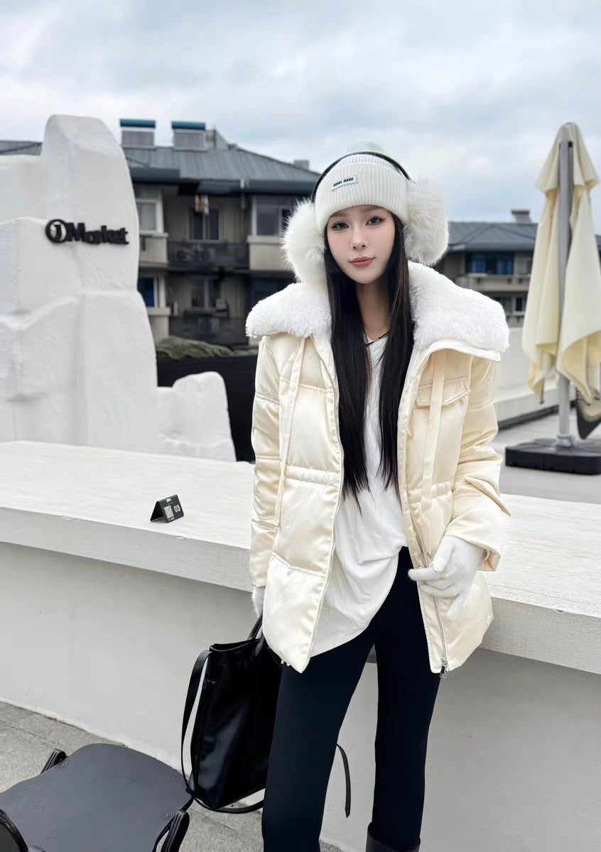 The new 2024 lambswool large lapel waist midi puffer jacket