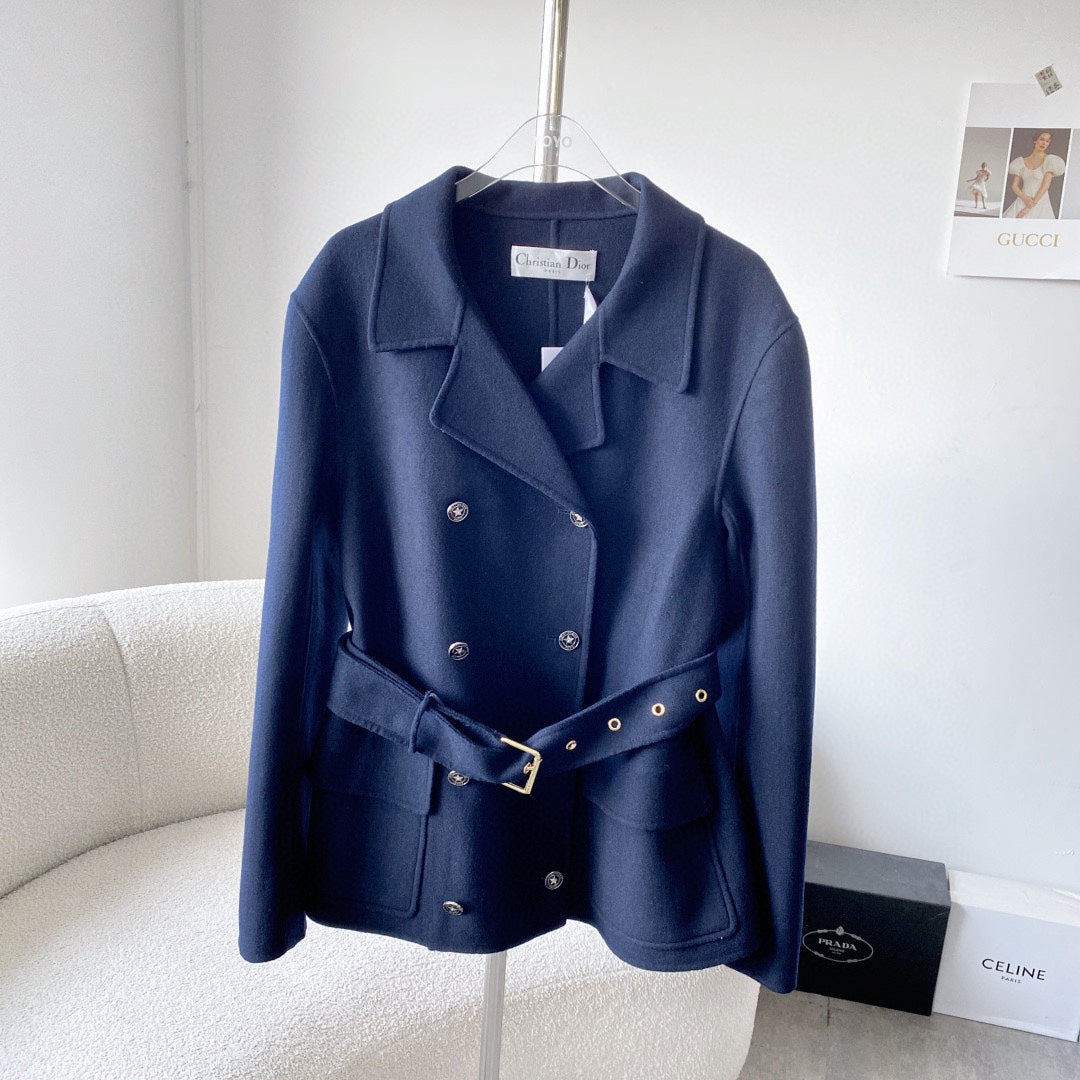 Navy blue reversible tweed cropped coat jacket