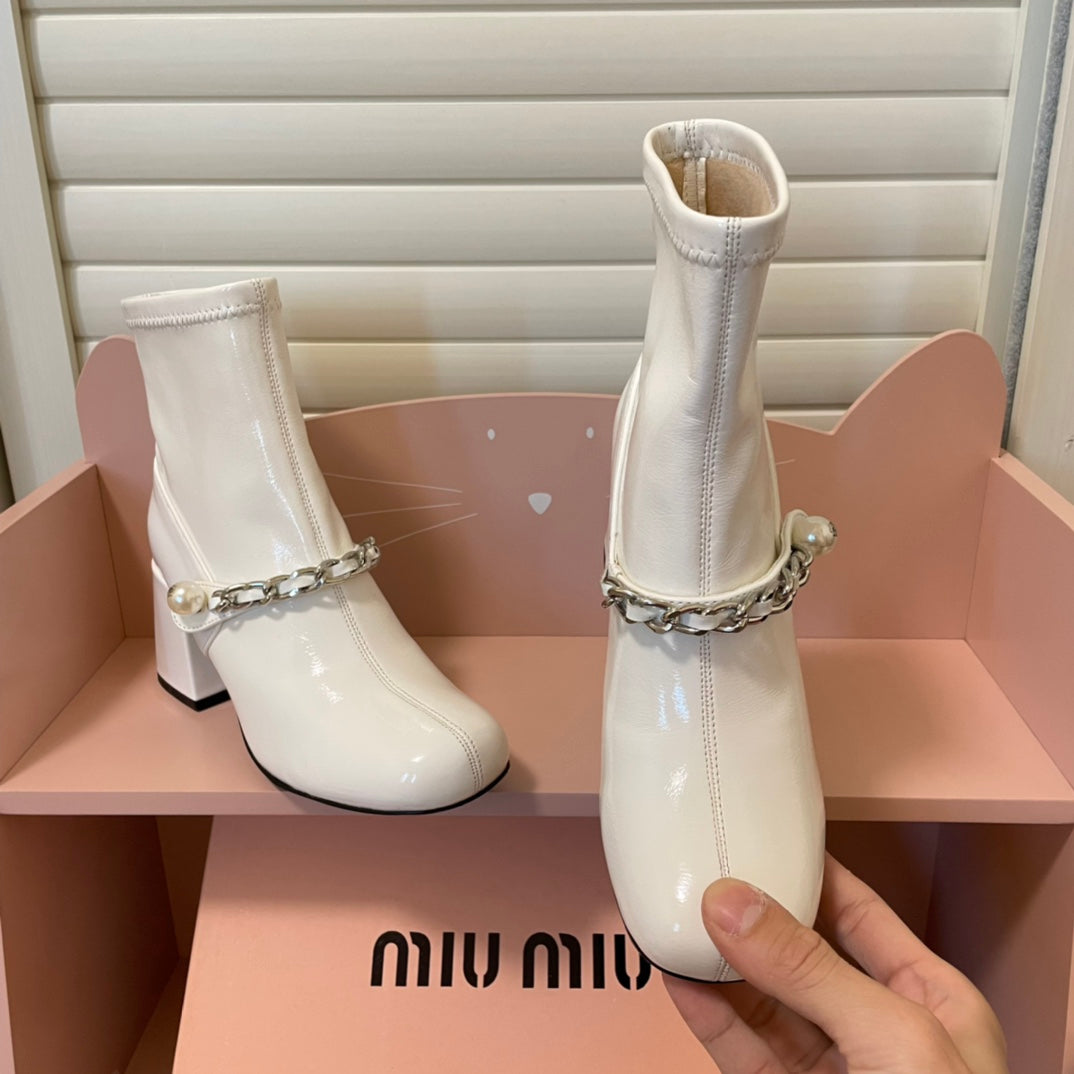 MM pearl chain buckled block heel booties